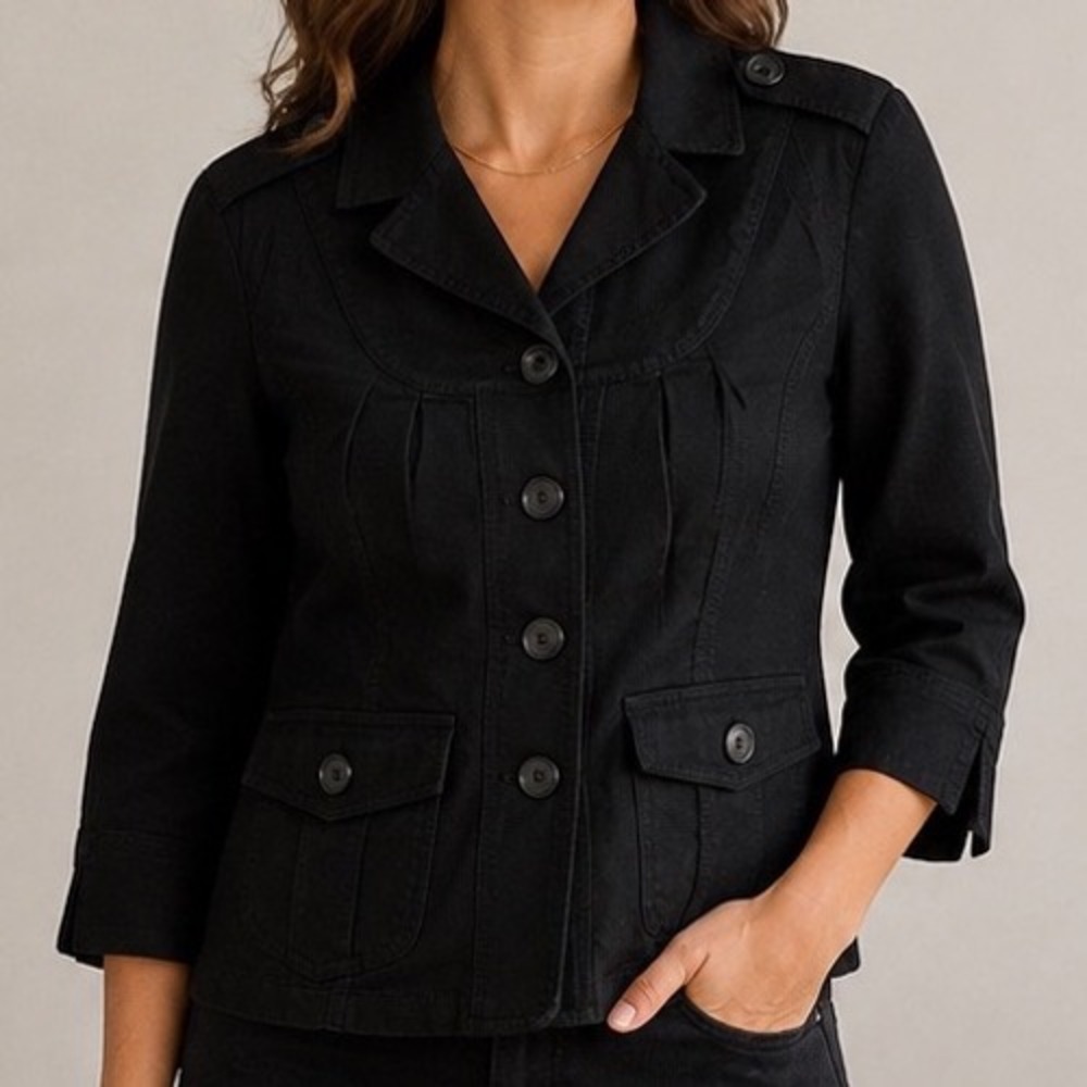 Vintage Black Cotton Utility Jacket Women's XS Y2K Military Safari Cropped 2000s